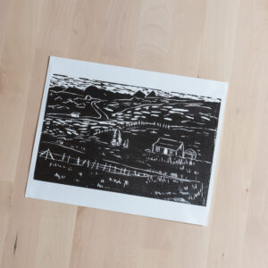 Print of a western farm landscape.