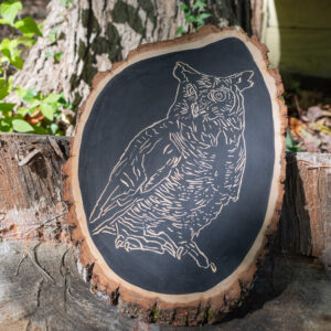 A Great Horned Owl carved into wood.